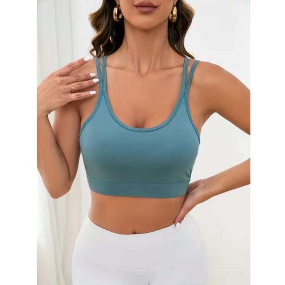 Dusty Blue Double Strap Criss Cross Backless Padded Sports Bra - Picture 3 of 14